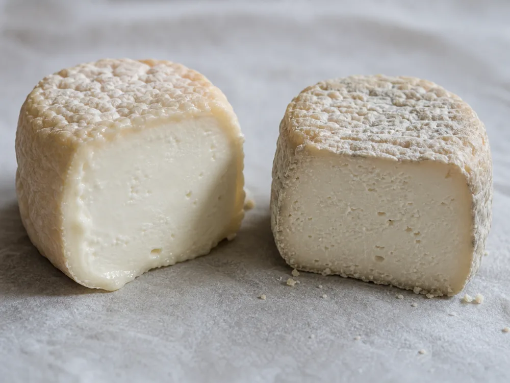 Young and aged Crottin-style goat cheese pucks cut open side by side - Crottin de Chavignol | KnowTheCheese