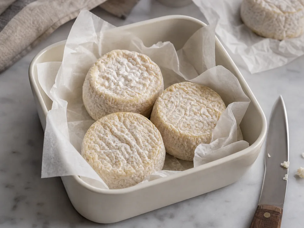 Crottin-style goat cheese pucks loosely wrapped in parchment in a shallow container - Crottin de Chavignol | KnowTheCheese