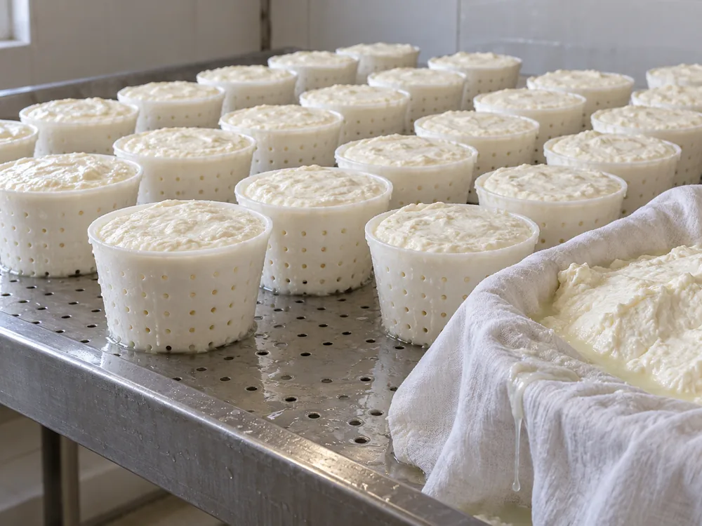 Small truncated-cone moulds pierced with holes and filled with white goat curd, beside curd draining in a cloth - Crottin de Chavignol | KnowTheCheese