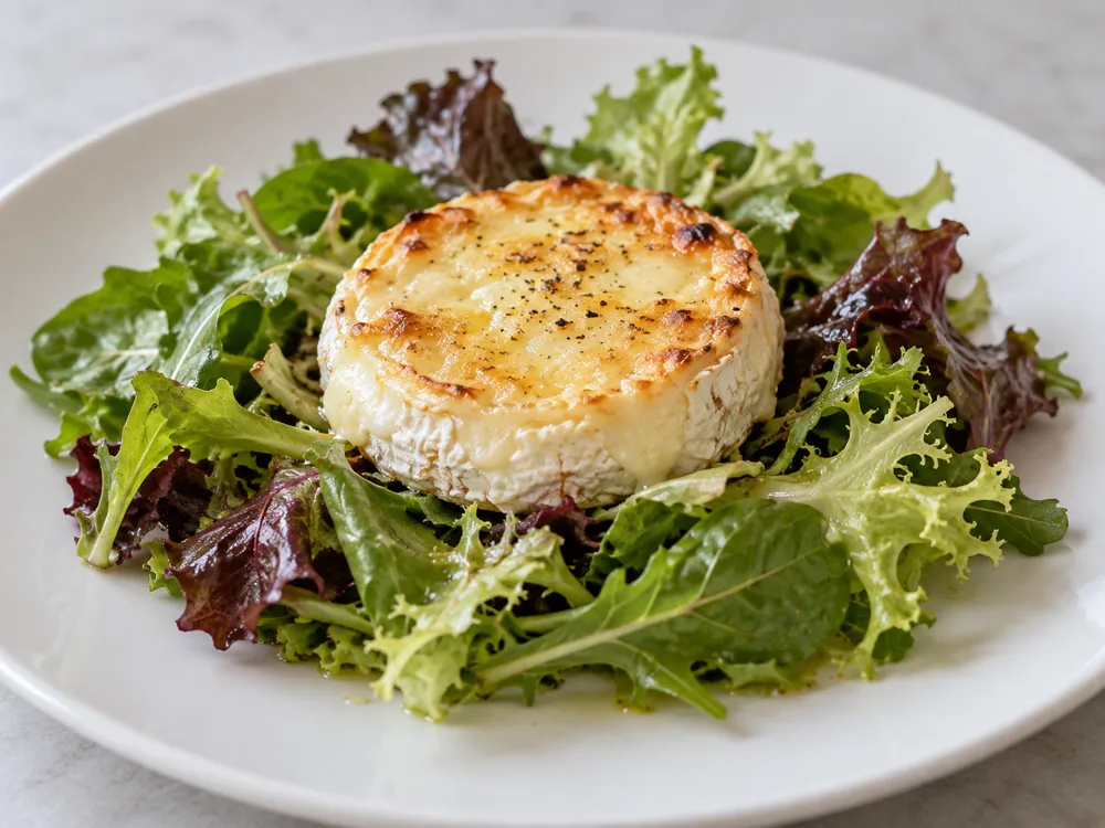 A baked Crottin de Chavignol on mixed green salad leaves - Crottin de Chavignol | KnowTheCheese