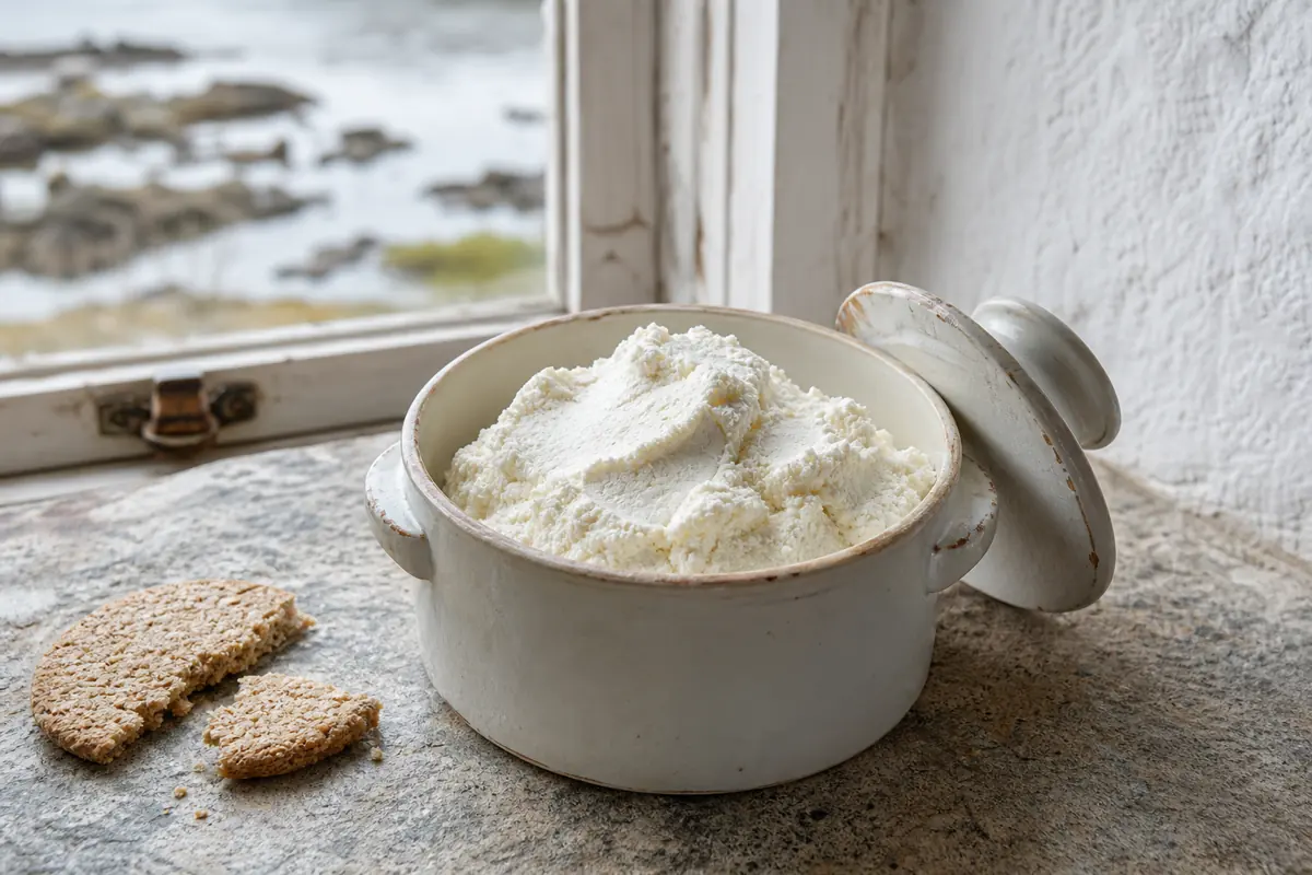 Soft white fresh curd in a ceramic crock beside a broken oatcake - Crowdie cheese | KnowTheCheese