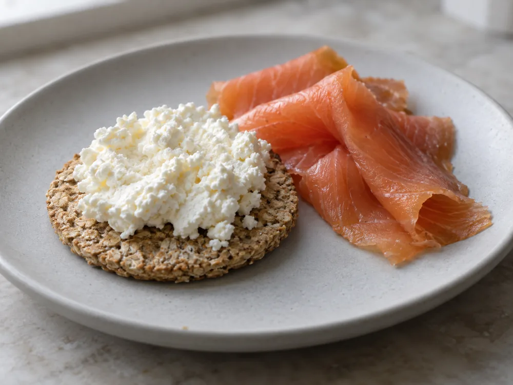 Soft white curd on an oatcake beside smoked salmon - Crowdie cheese | KnowTheCheese