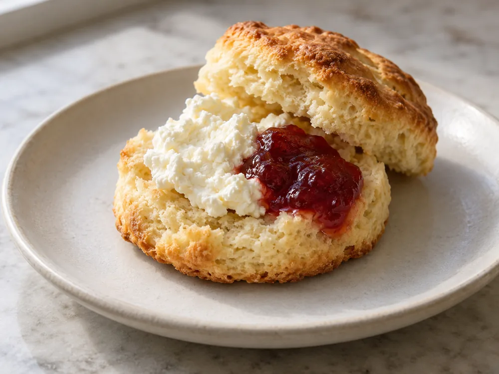 Soft white curd and red jam on a split scone - Crowdie cheese | KnowTheCheese
