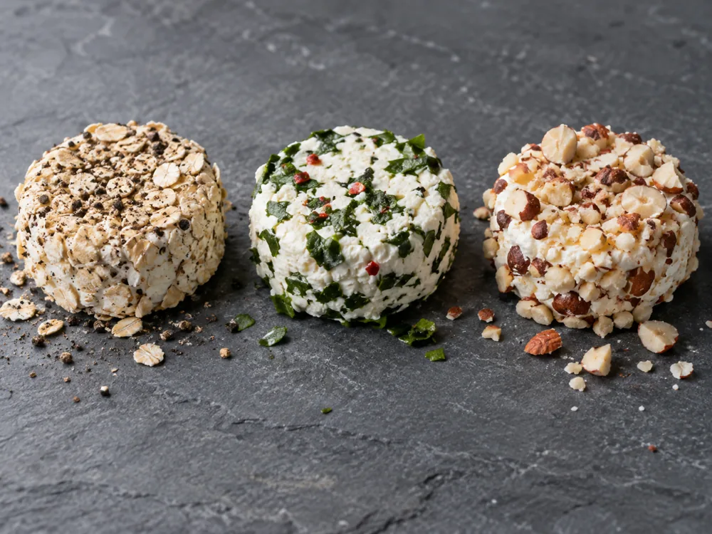 Three round crowdies coated in oats and pepper, in wild garlic with red pepper flecks and in chopped hazelnuts - Crowdie cheese | KnowTheCheese