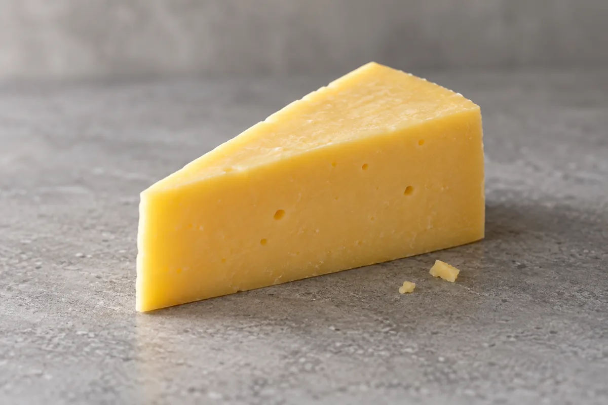 Wedge of pale golden-yellow cheddar-style cheese with a few small holes - Crowley cheese | KnowTheCheese