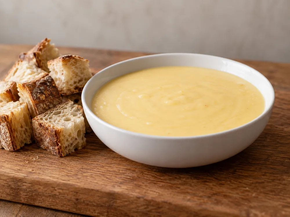 Bowl of smooth, thick melted cheese sauce beside sourdough bread cubes - Crowley cheese | KnowTheCheese