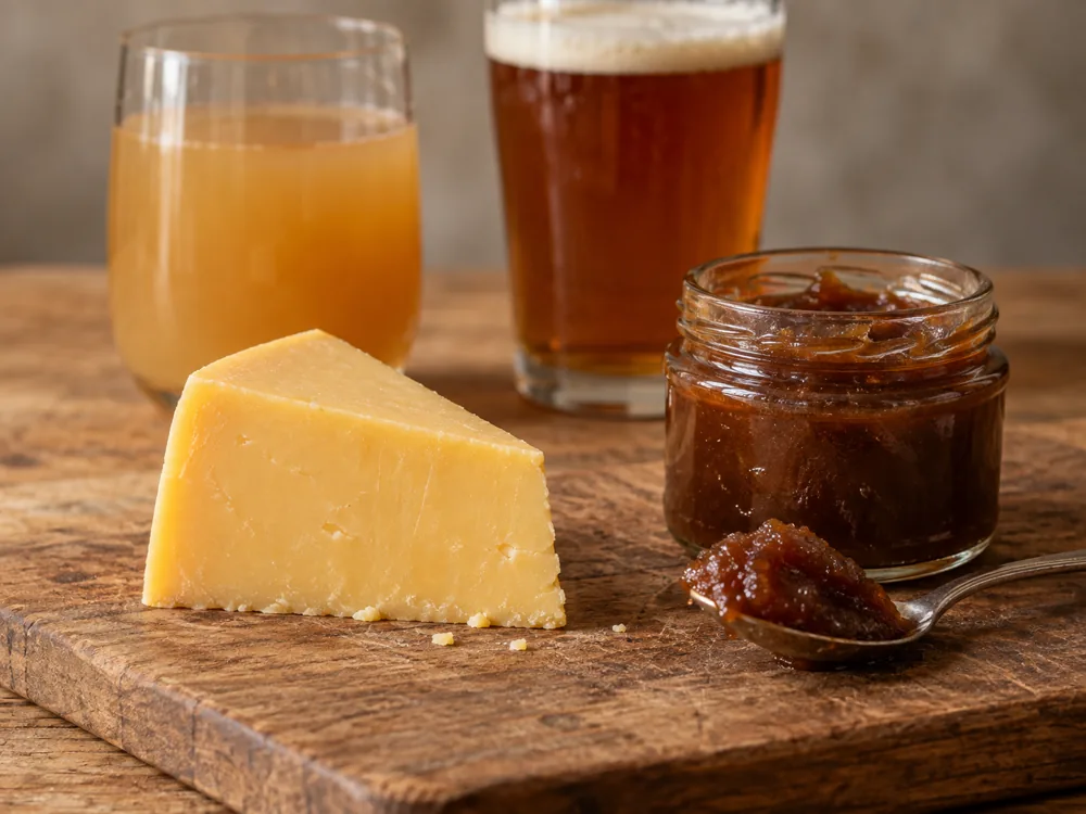 Wedge of cheddar-style cheese beside apple butter, a glass of cider and a glass of amber ale - Crowley cheese | KnowTheCheese