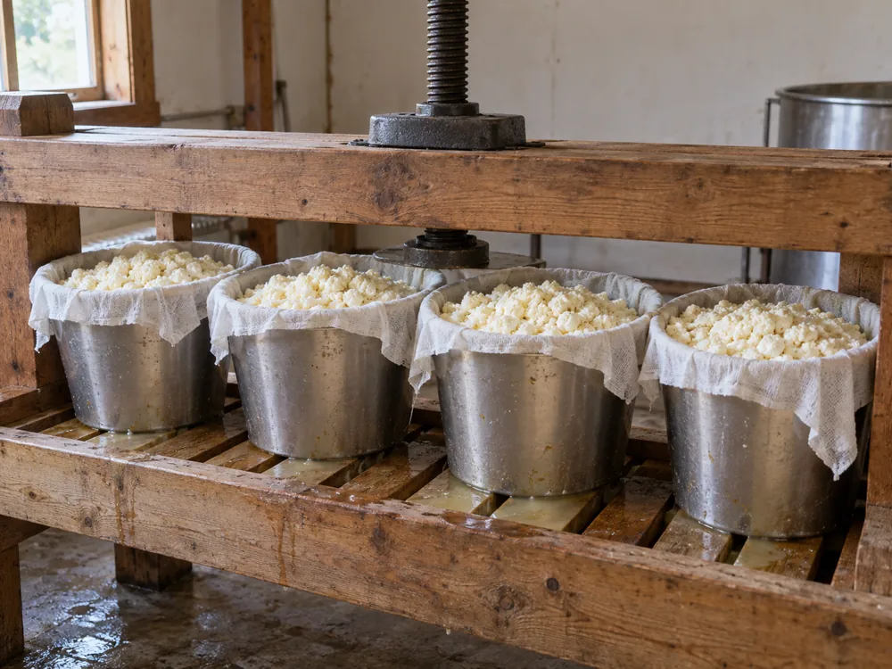 Cheesecloth-lined steel hoops filled with crumbly curd in a wooden screw press - Crowley cheese | KnowTheCheese