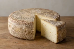 Round cheese wheel with one wedge cut out showing white paste with small eyes - Crucolo cheese | KnowTheCheese