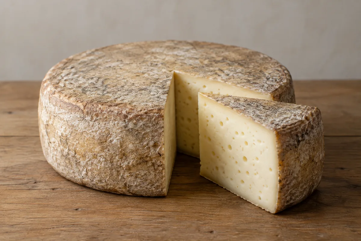 Round cheese wheel with one wedge cut out showing white paste with small eyes - Crucolo cheese | KnowTheCheese