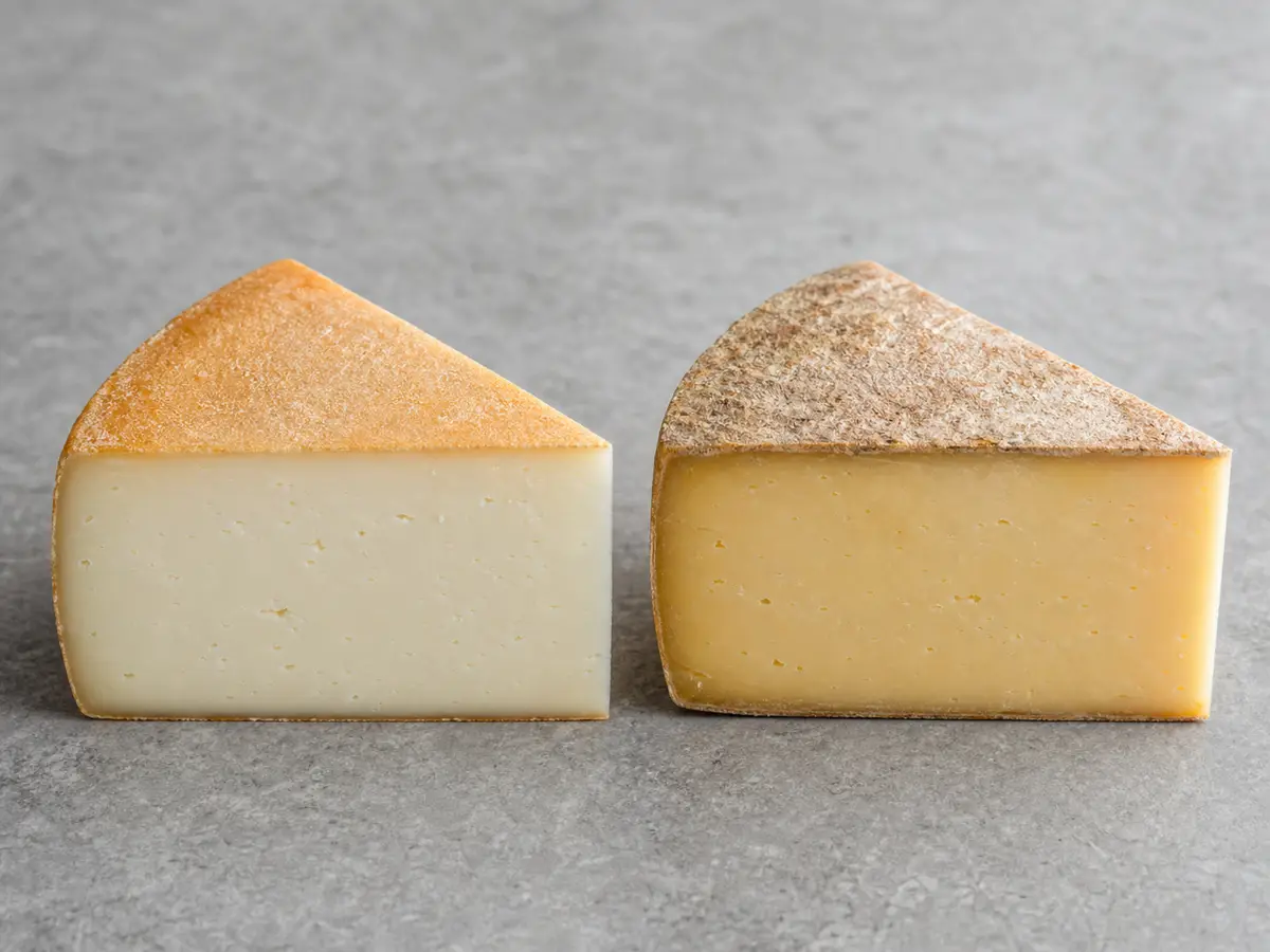 A pale supple wedge beside a firmer deeper-gold wedge - Crucolo cheese | KnowTheCheese