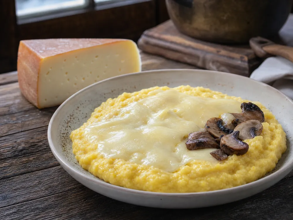 Pale Crucolo-style cheese melting smoothly over creamy polenta - Crucolo cheese | KnowTheCheese