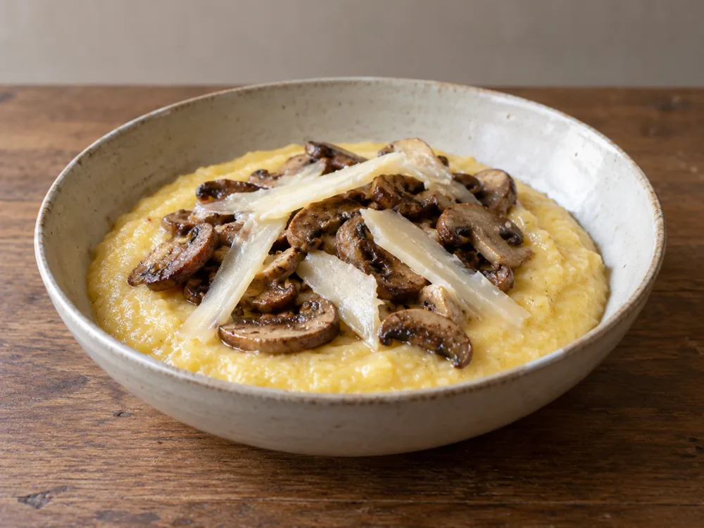 Sauteed mushrooms and slivers of pale cheese on soft polenta - Crucolo cheese | KnowTheCheese