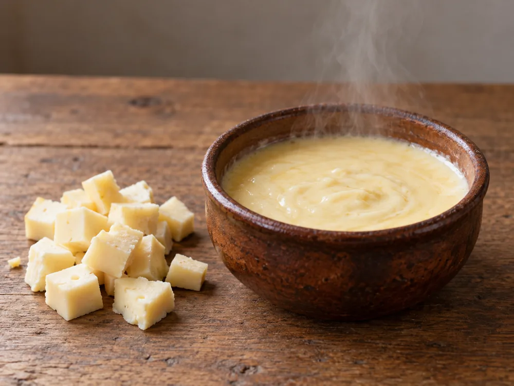 Earthenware bowl of hot melted cheese beside diced cheese cubes - Crucolo cheese | KnowTheCheese