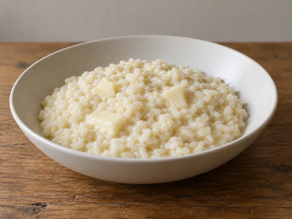 Creamy risotto in a white bowl with pieces of pale cheese - Crucolo cheese | KnowTheCheese