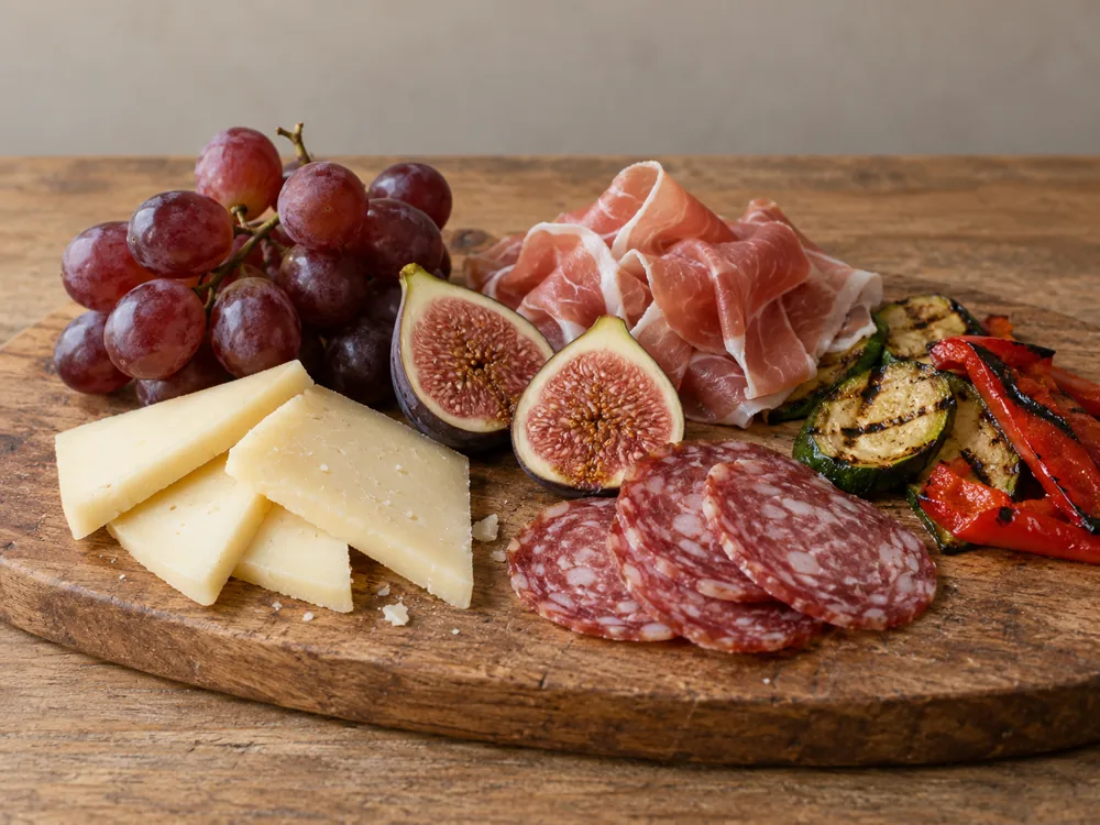 Board of sliced cheese with grapes, figs, prosciutto, salami and grilled vegetables - Crucolo cheese | KnowTheCheese