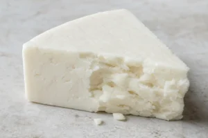 Bright white wedge with a moist angular broken face - Crumbly Lancashire cheese | KnowTheCheese