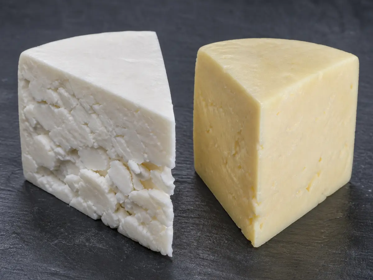 Bright white crumbly wedge beside smoother ivory Lancashire - Crumbly Lancashire cheese | KnowTheCheese