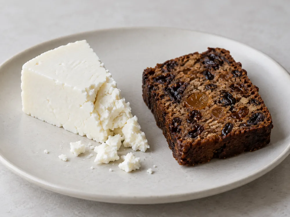 Bright white crumbly cheese wedge beside a slice of fruit cake - Crumbly Lancashire cheese | KnowTheCheese
