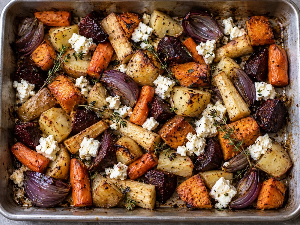 Roasted root vegetables and red onion with chunks of white cheese - Crumbly Lancashire cheese | KnowTheCheese