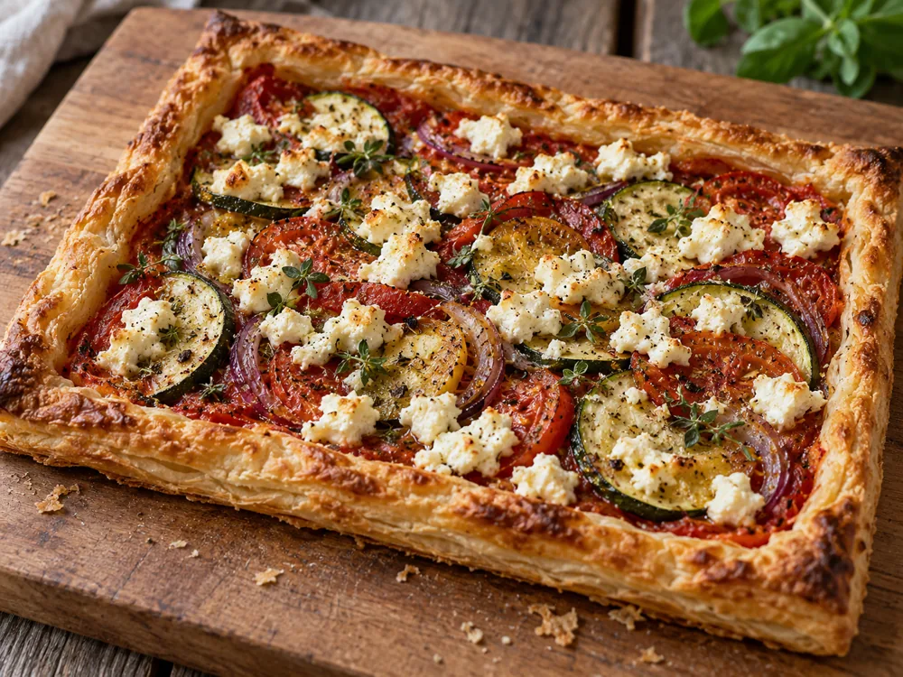 Baked puff pastry tart with tomato, courgette, red onion and pieces of white cheese - Crumbly Lancashire cheese | KnowTheCheese