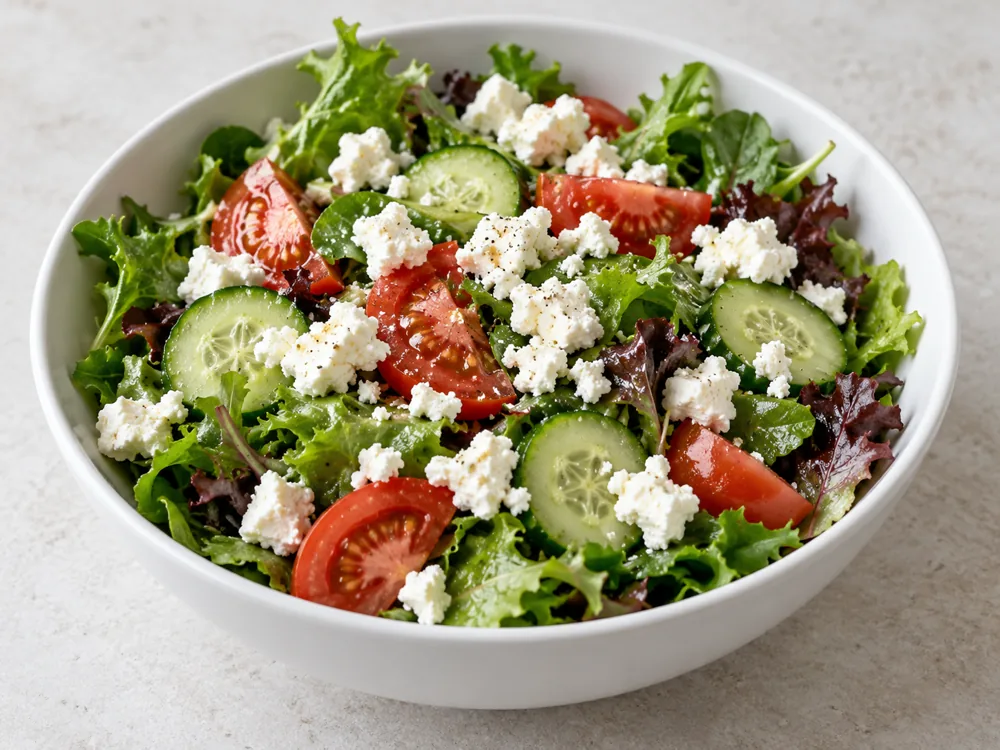Bowl of mixed salad leaves with tomato, cucumber and crumbled white cheese - Crumbly Lancashire cheese | KnowTheCheese