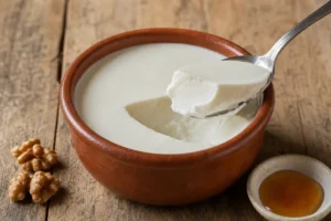 Spoon lifting a tender white milk curd from an earthenware cup - Cuajada | KnowTheCheese