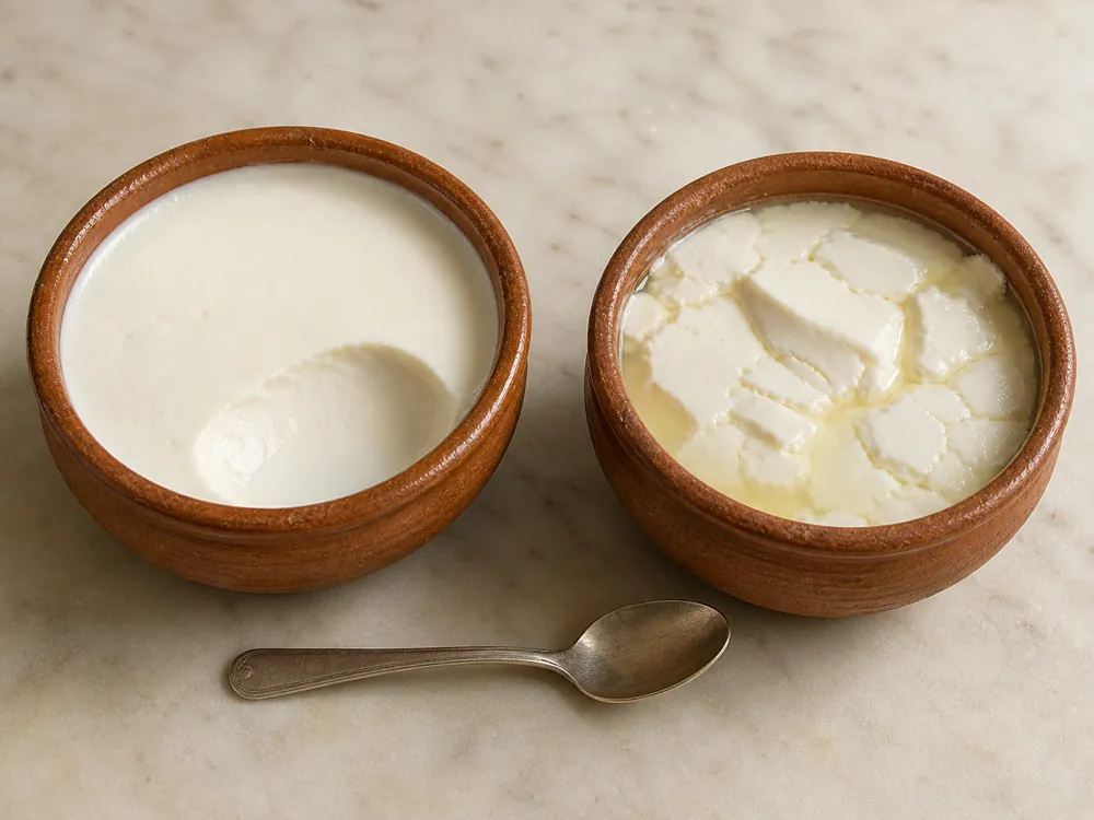 Tender set cuajada beside a cracked curd separated by whey - Cuajada cheese | KnowTheCheese