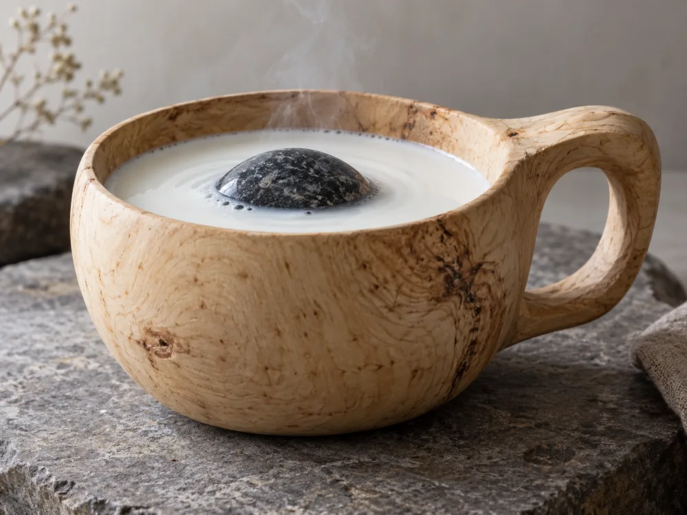 Wooden cup of milk with a stone resting in it - Cuajada | KnowTheCheese