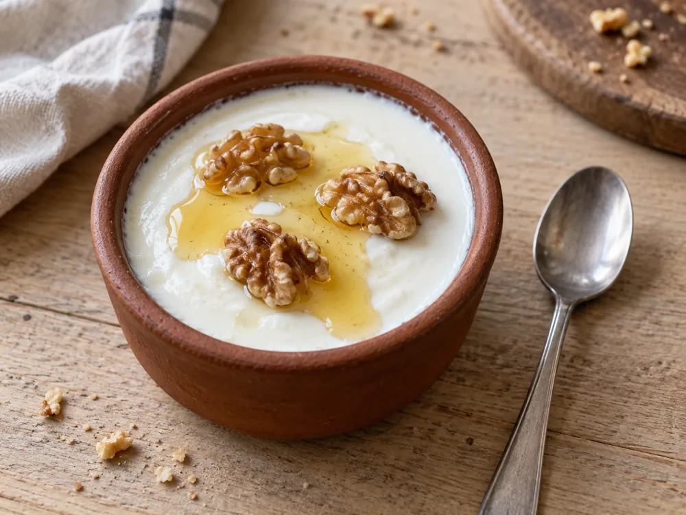 Set milk curd in an earthenware cup topped with honey and walnut halves - Cuajada | KnowTheCheese