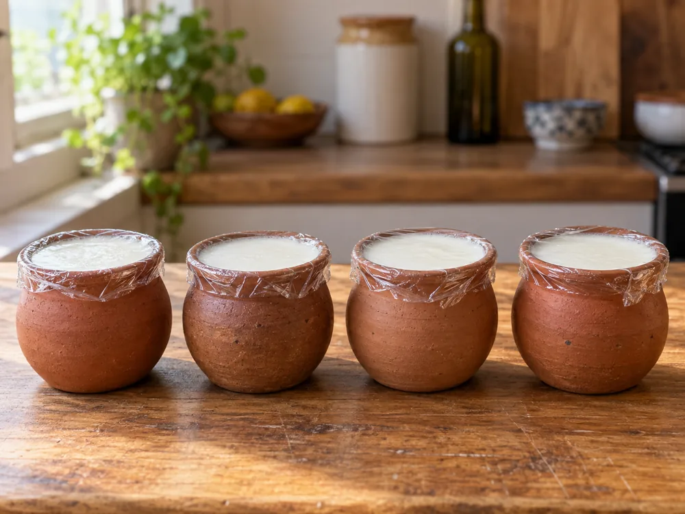 Four small clay jars of white set milk covered with cling film on a wooden counter - Cuajada | KnowTheCheese