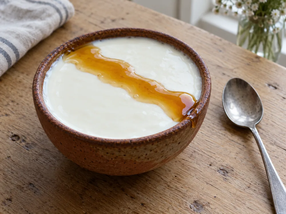 Earthenware bowl of smooth white set milk curd with a ribbon of thick syrup across the top - Cuajada | KnowTheCheese
