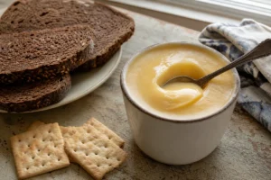 Glossy cup cheese in a ceramic cup with rye bread and crackers - Cup Cheese | KnowTheCheese