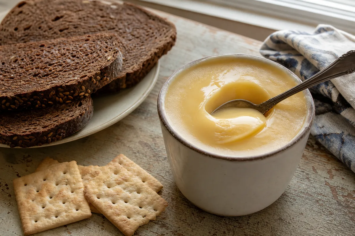 Glossy cup cheese in a ceramic cup with rye bread and crackers - Cup Cheese | KnowTheCheese