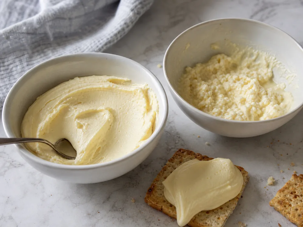 Smooth cup cheese beside cooked curds before spreading - Cup Cheese | KnowTheCheese