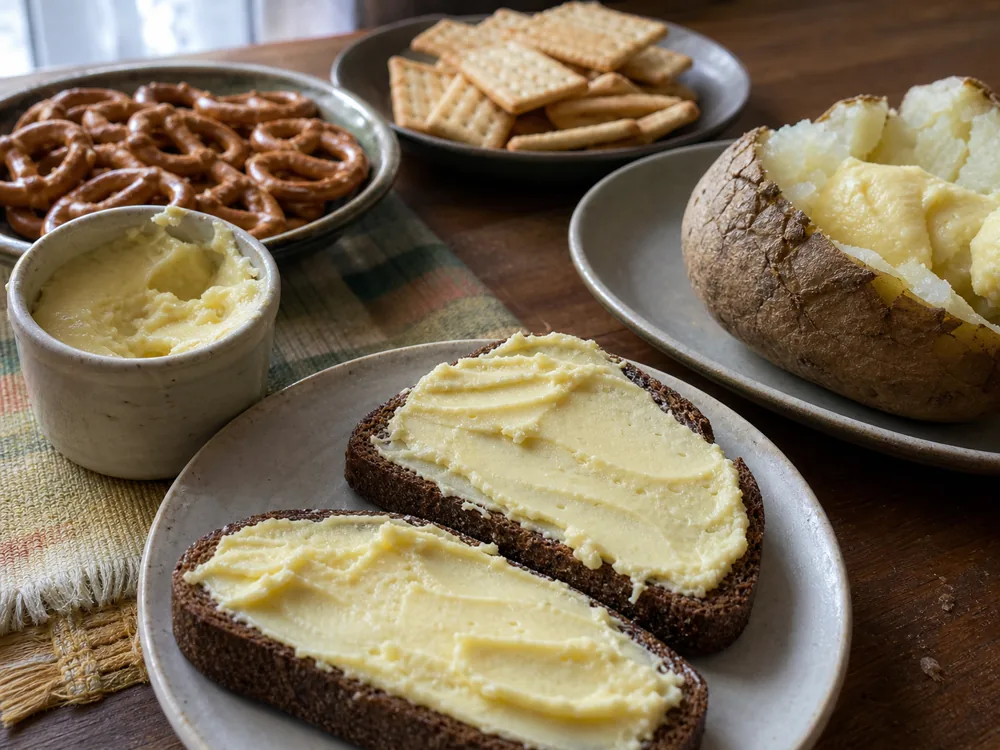 Cup cheese spread on rye with pretzels crackers and potato - Cup Cheese | KnowTheCheese
