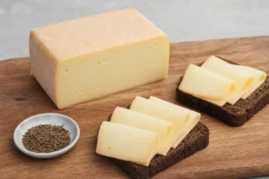 Danbo cheese block with rye bread and caraway seeds - Danbo | KnowTheCheese