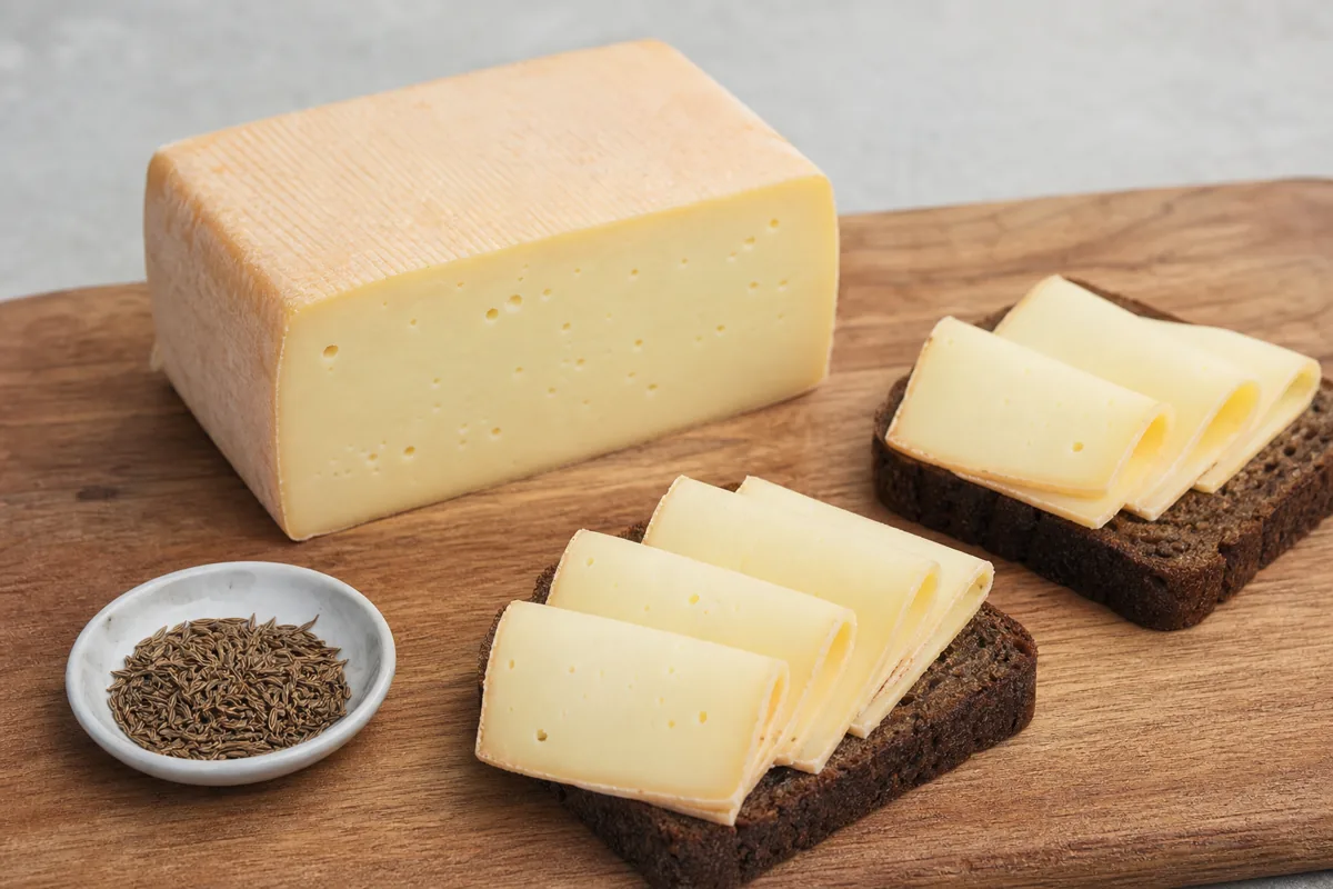 Danbo cheese block with rye bread and caraway seeds - Danbo | KnowTheCheese