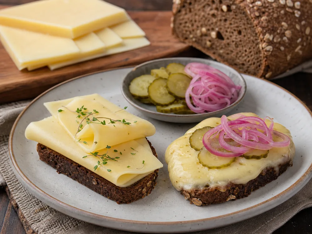 Danbo cheese slices on rye with pickles and a warm toast slice - Danbo | KnowTheCheese