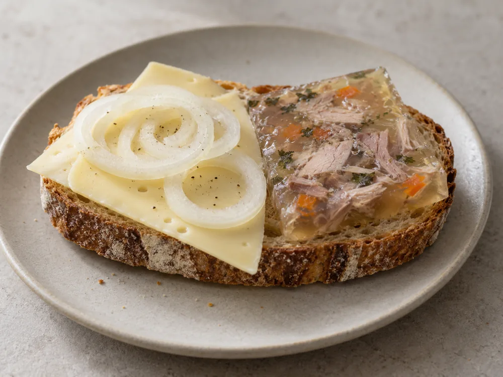 Open-face sandwich with sliced cheese, raw onion rings, and meat aspic on bread - Danbo | KnowTheCheese