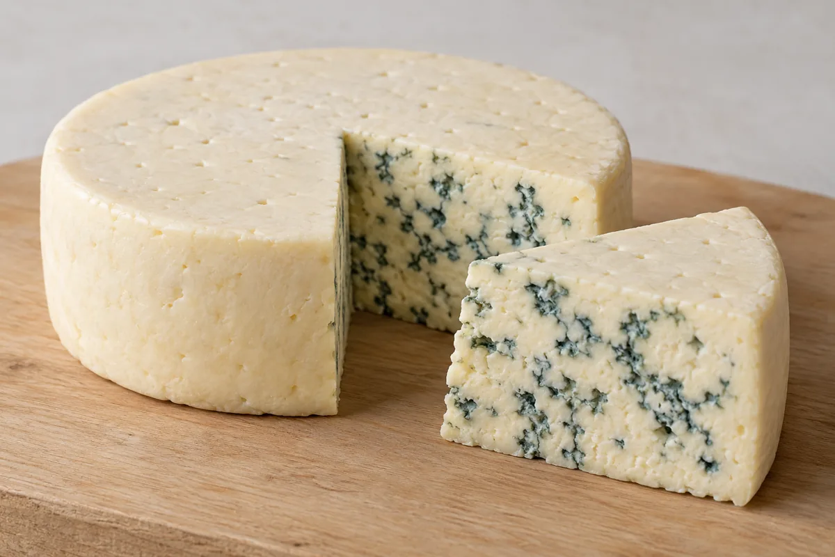 Flat round Danablu with a cut wedge showing blue-green veins in white paste - Danish Blue | KnowTheCheese