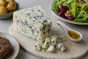 Danish Blue-style wedge with blue-green veins, crumbles, salad, and sauce spoon - Danish Blue | KnowTheCheese