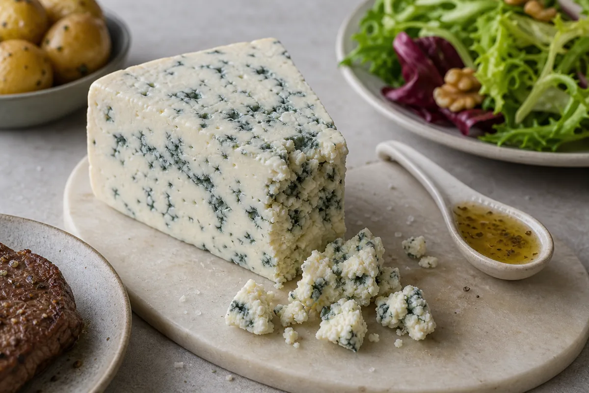 Danish Blue-style wedge with blue-green veins, crumbles, salad, and sauce spoon - Danish Blue | KnowTheCheese