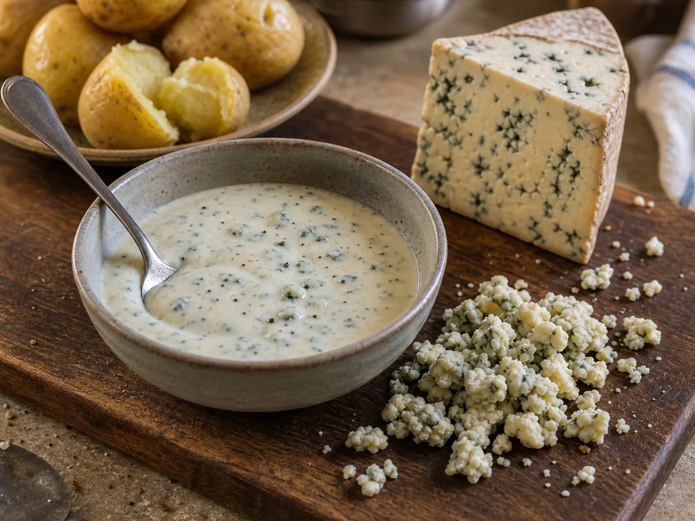 Danish Blue crumbles beside a creamy blue cheese sauce and warm potatoes - Danish Blue | KnowTheCheese