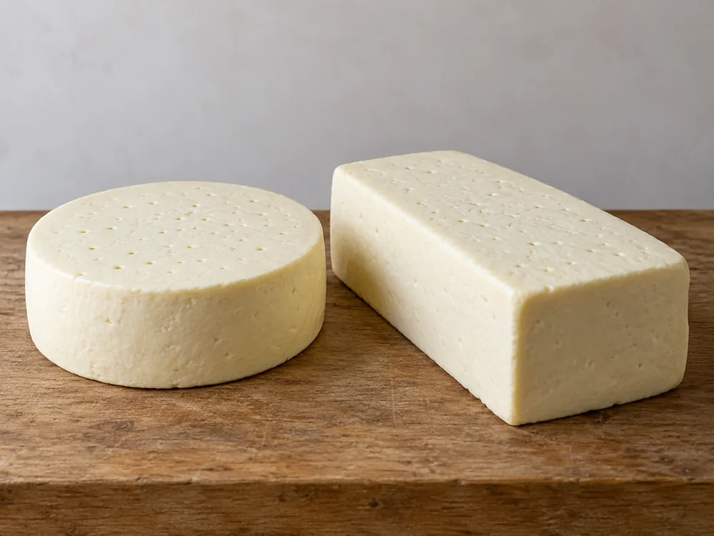 Uncut Danablu as a flat round cylinder and a rectangular block with pierced white tops - Danish Blue | KnowTheCheese