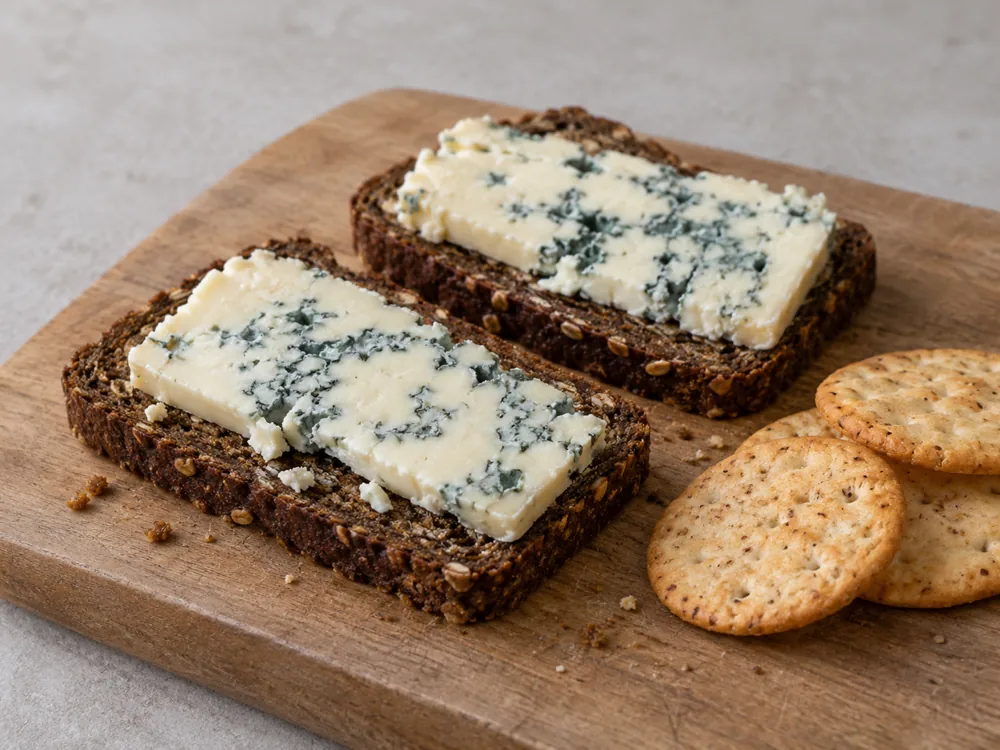 Two slices of dark rye bread topped with blue-veined Danish Blue beside plain crackers - Danish Blue | KnowTheCheese