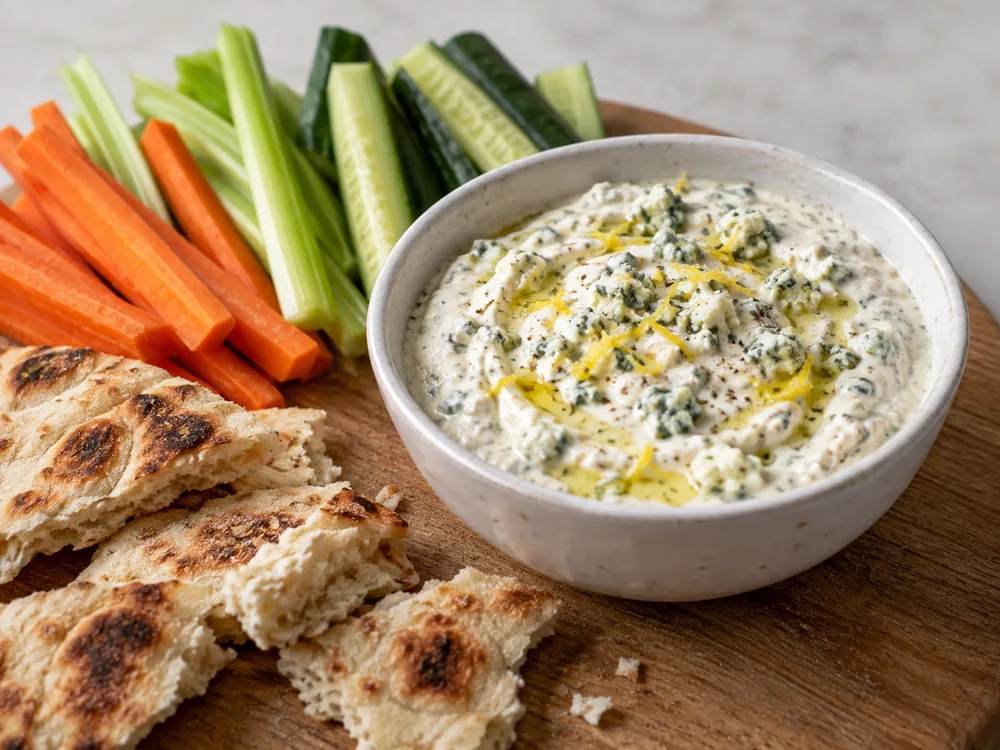 Bowl of creamy blue cheese dip with olive oil and lemon zest beside carrot, celery and cucumber sticks and flatbread - Danish Blue | KnowTheCheese