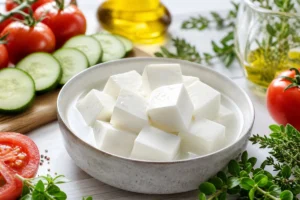 Danish white cheese cubes in brine with cucumber tomato and herbs - Danish Feta | KnowTheCheese