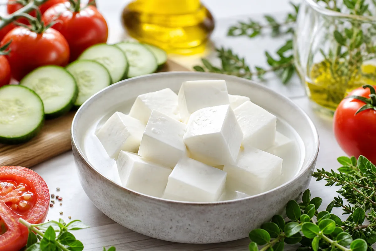 Danish white cheese cubes in brine with cucumber tomato and herbs - Danish Feta | KnowTheCheese