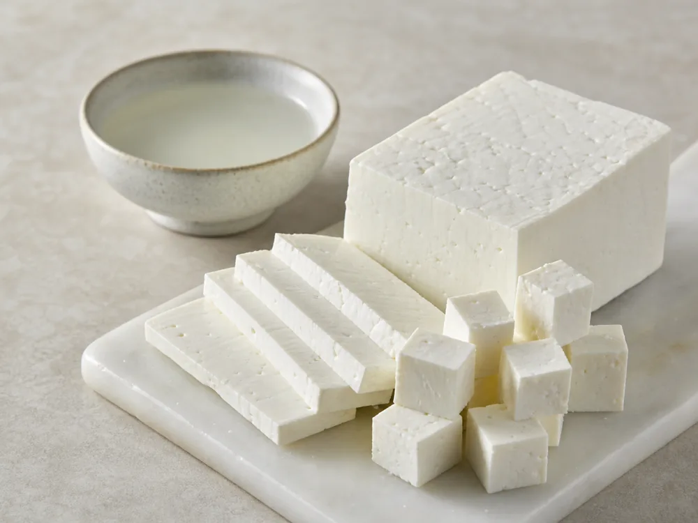 Danish white cheese block sliced into cubes beside clear brine - Danish Feta | KnowTheCheese